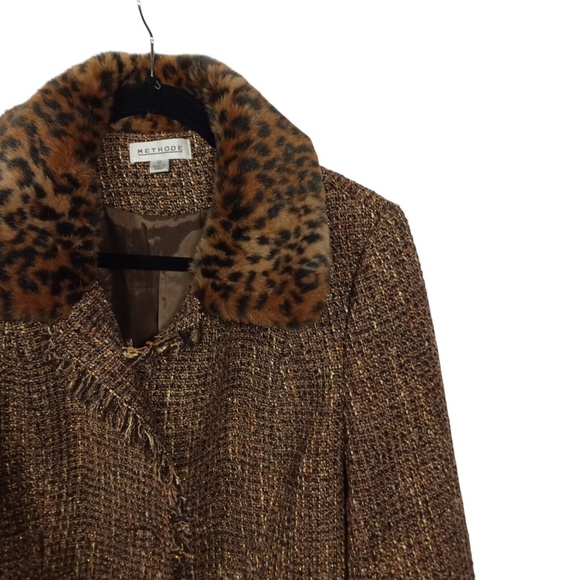 Methode Jacket Womens 12 Brown Blazer Fur Trim Animal Print Business Old Money - Picture 7 of 7